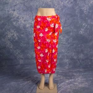 Vtg Talbots Hawaiian Wrap Skirt 14 Pink Orange Floral Cotton Made in USA
